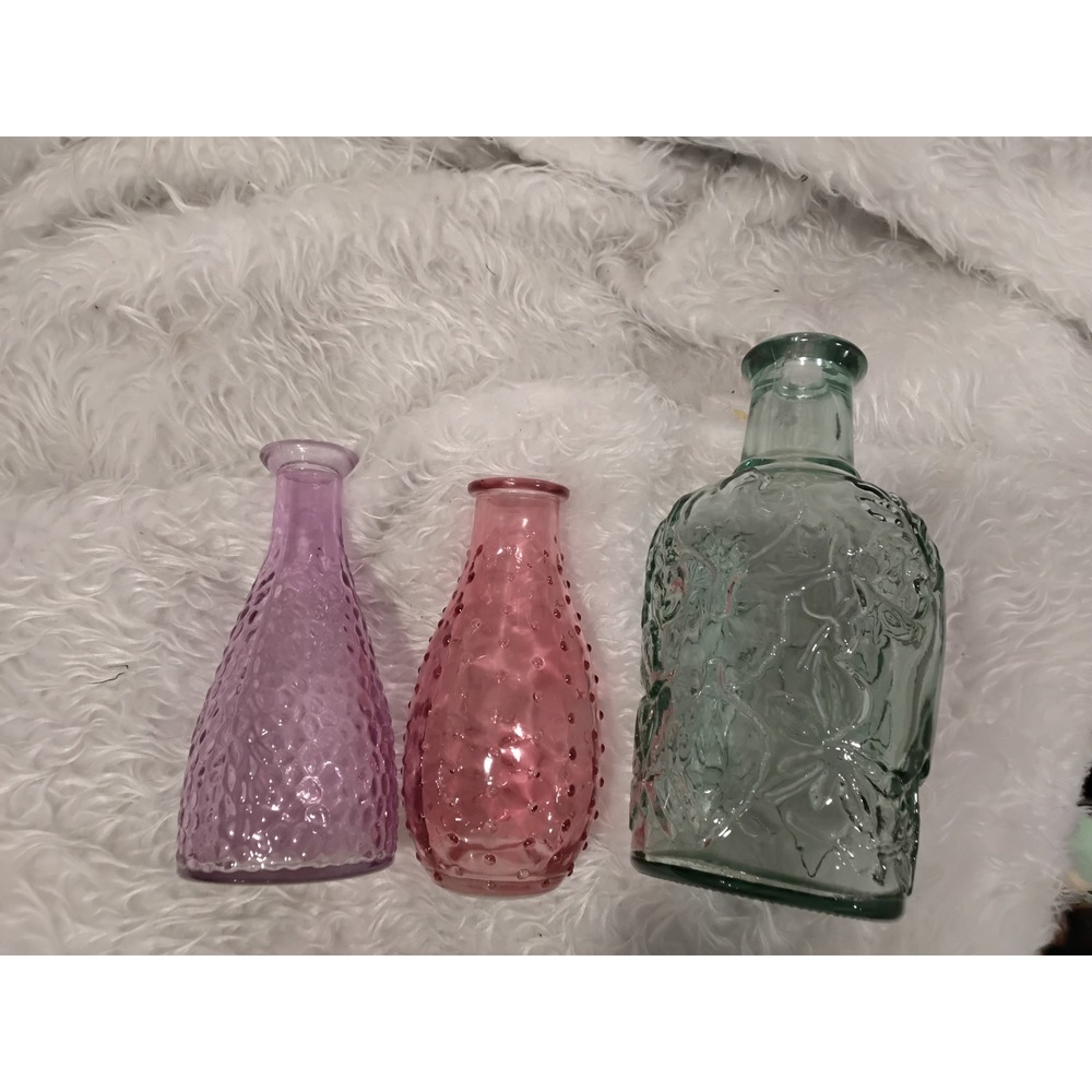 Set of 3 Decorative Glass Bud Vases Pink Lavender Green Hobnail Floral Embossed